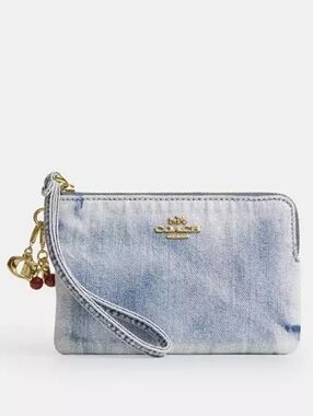 Coach Corner Zip Wristlet in Loved Denim with Charms